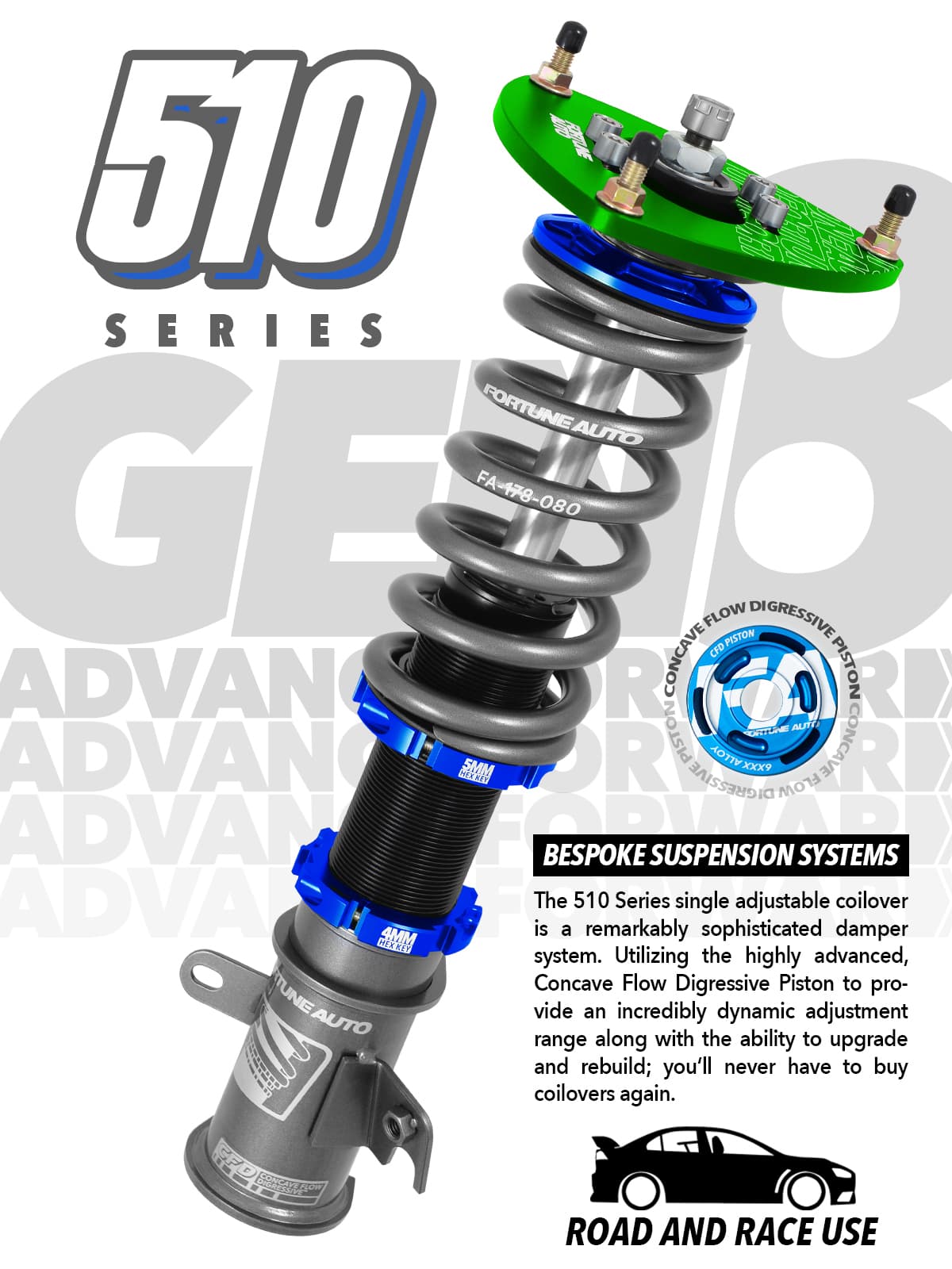 Replacement 510 Series Coilover Assembly. Specify vehicle in the description (Includes Fortune Auto spring)